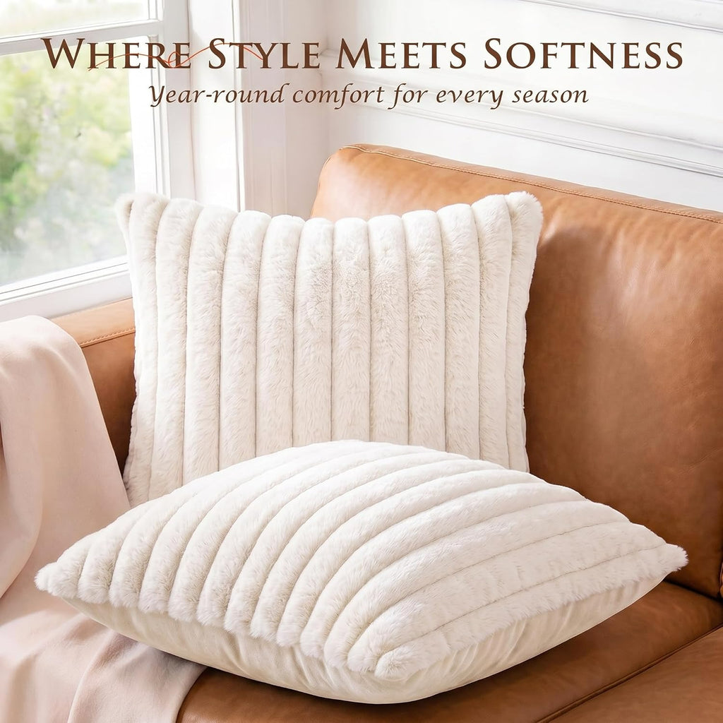 Pack of 2 Throw Pillow Covers 18x18 Decorative Solid Plush Faux Fur with Soft Velvet Back, Square Striped Cushion Cases Modern Farmhouse Home Decor for Living Room Couch Sofa Bed Cream White