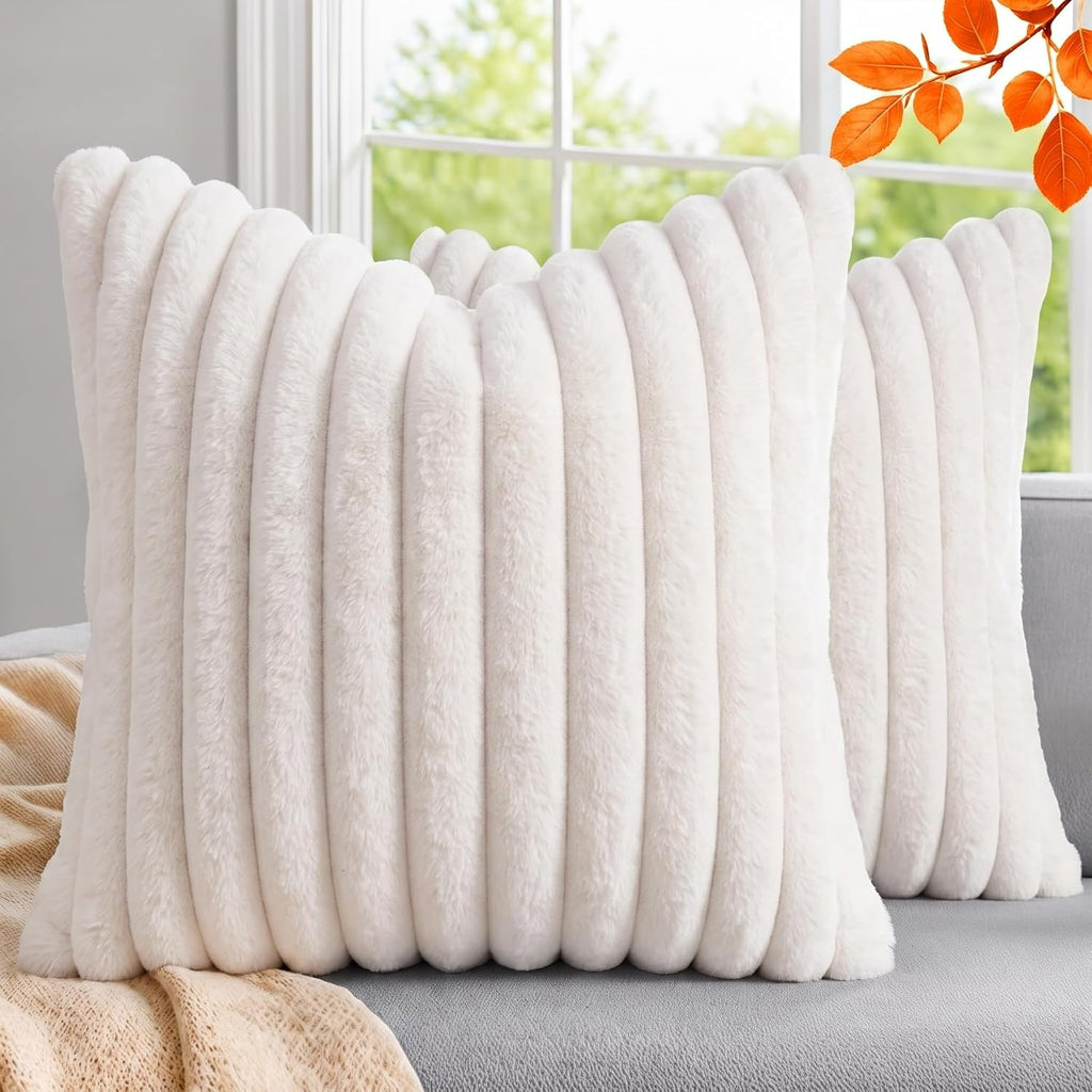Pack of 2 Throw Pillow Covers 18x18 Decorative Solid Plush Faux Fur with Soft Velvet Back, Square Striped Cushion Cases Modern Farmhouse Home Decor for Living Room Couch Sofa Bed Cream White