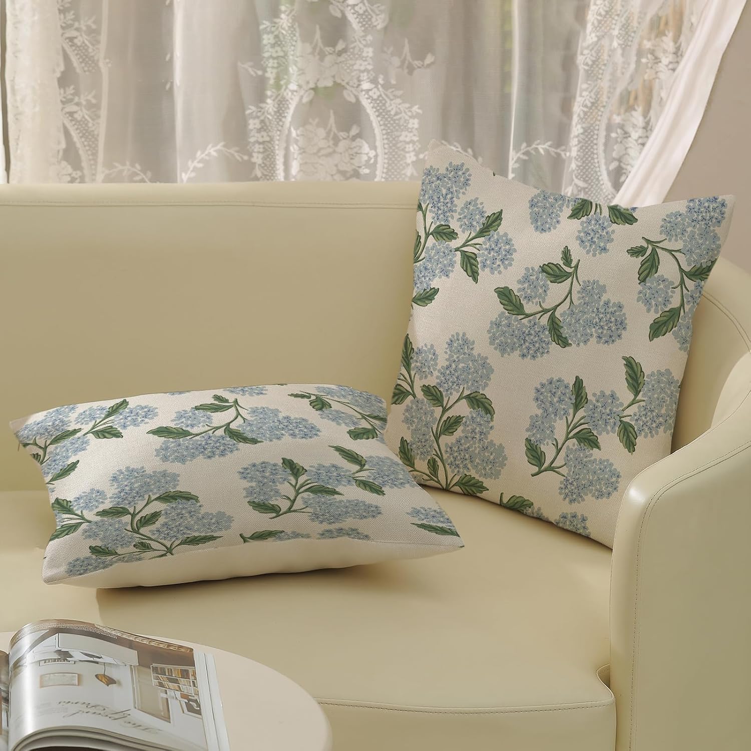 Spring Pillow Covers 18x18 Inch 2 Pcs Blue Green Hydrangea Flower Decor Throw Pillows Vintage Floral Seasonal Summer Outdoor Decoration Pillowcase Linen Cushion Cover for Couch Sofa