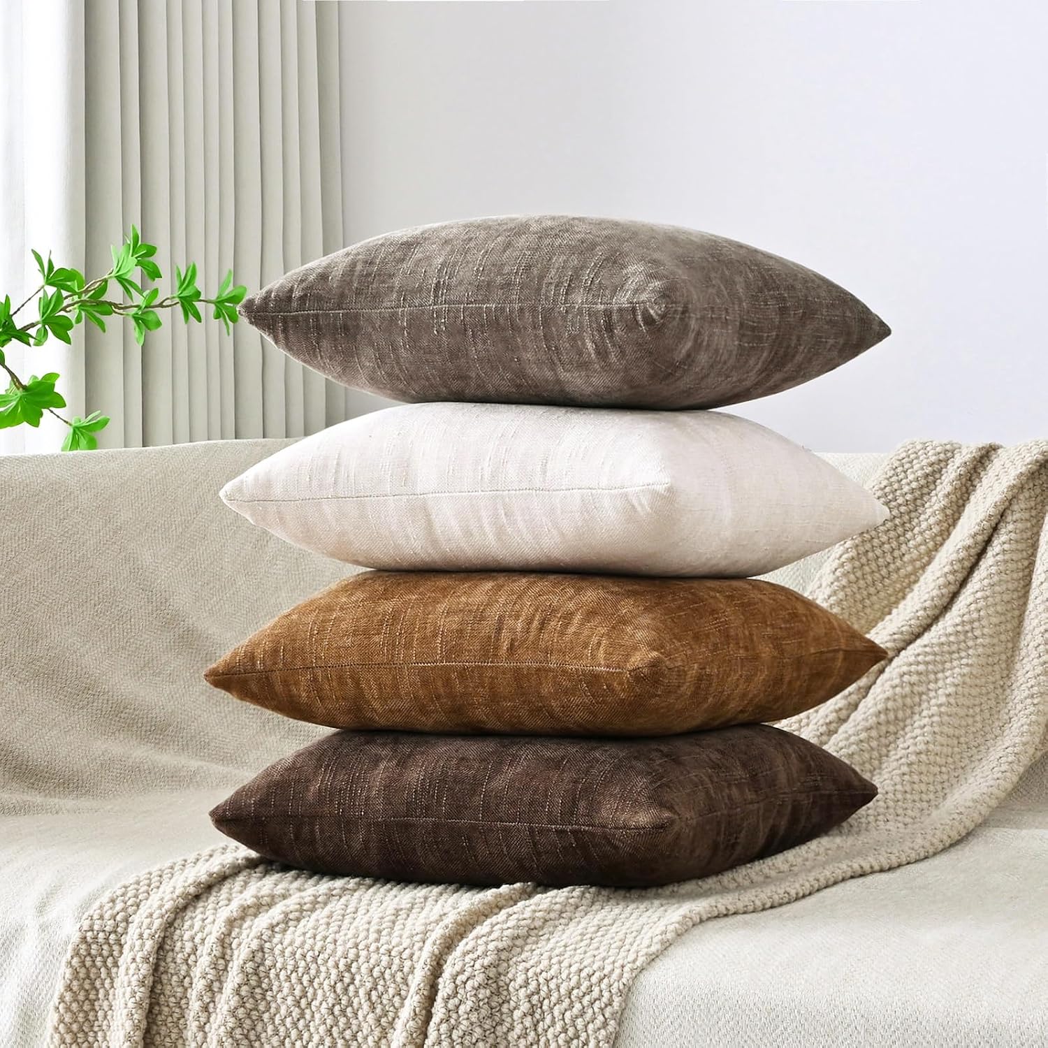 Set of 4 Soft Textured Decorative Throw Pillow Covers 26x26 Inch Cozy Farmhouse Cushion Cover Square Accent Pillow Cases for Bed Couch Sofa Living Room, Beige Taupe Brown