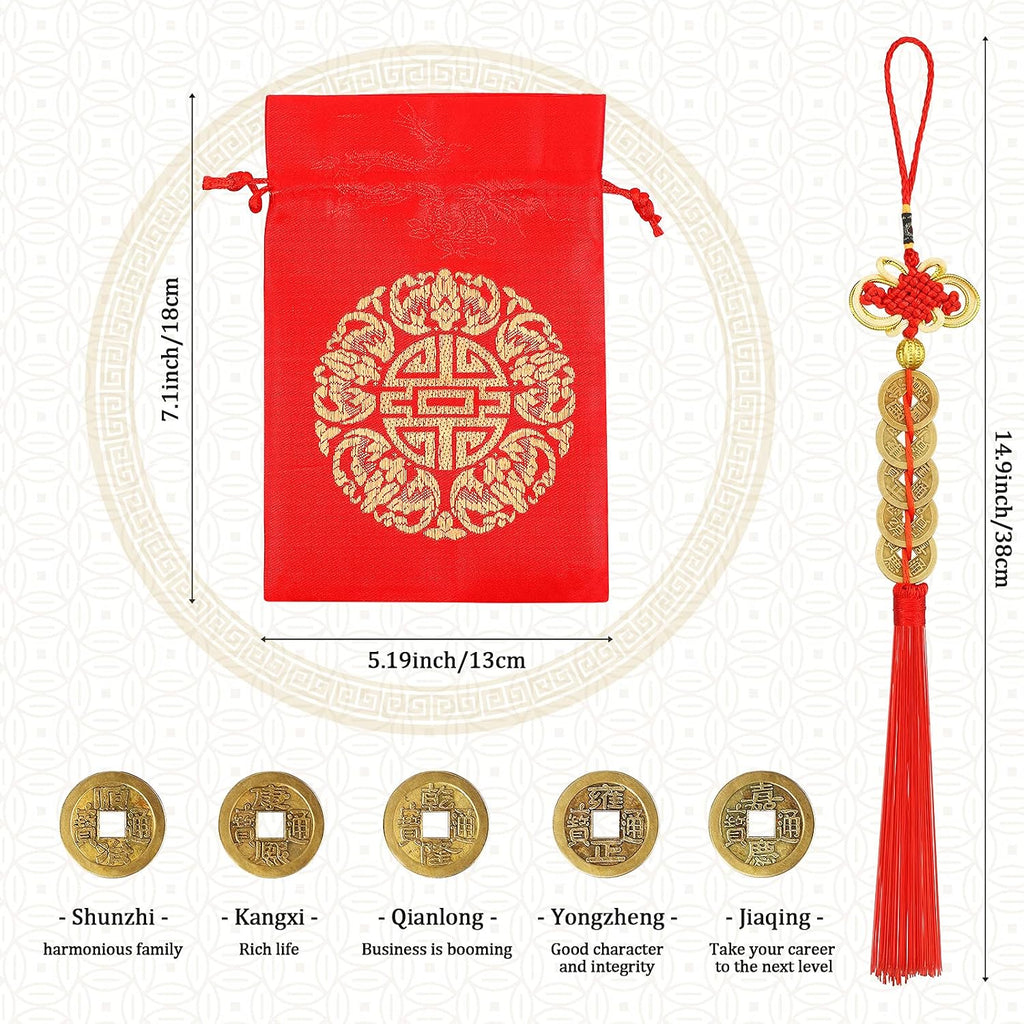 Chuangdi Feng Shui Money Frog with Chinese Coins, Money Toad Decorations, Lucky Knots Red Blessing Bag Gold Three Legged Toad Decoration for Attracting Wealth Success Chinese New Year Gifts