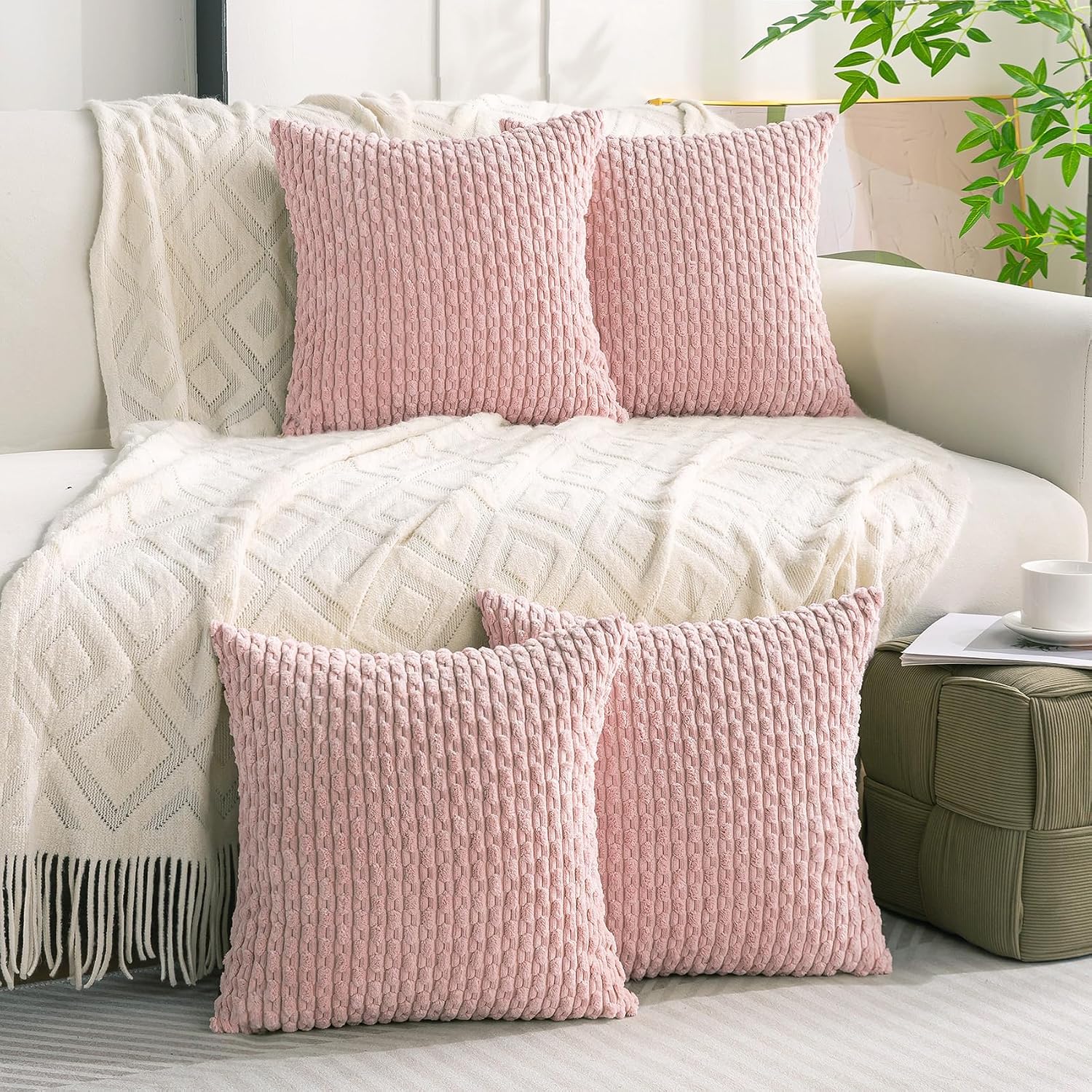Set of 4 Neutral Decorative Throw Pillow Covers 18x18 Inch Corduroy Pillow Covers for Bed Couch Sofa Living Room Soft Square Cushion Cases