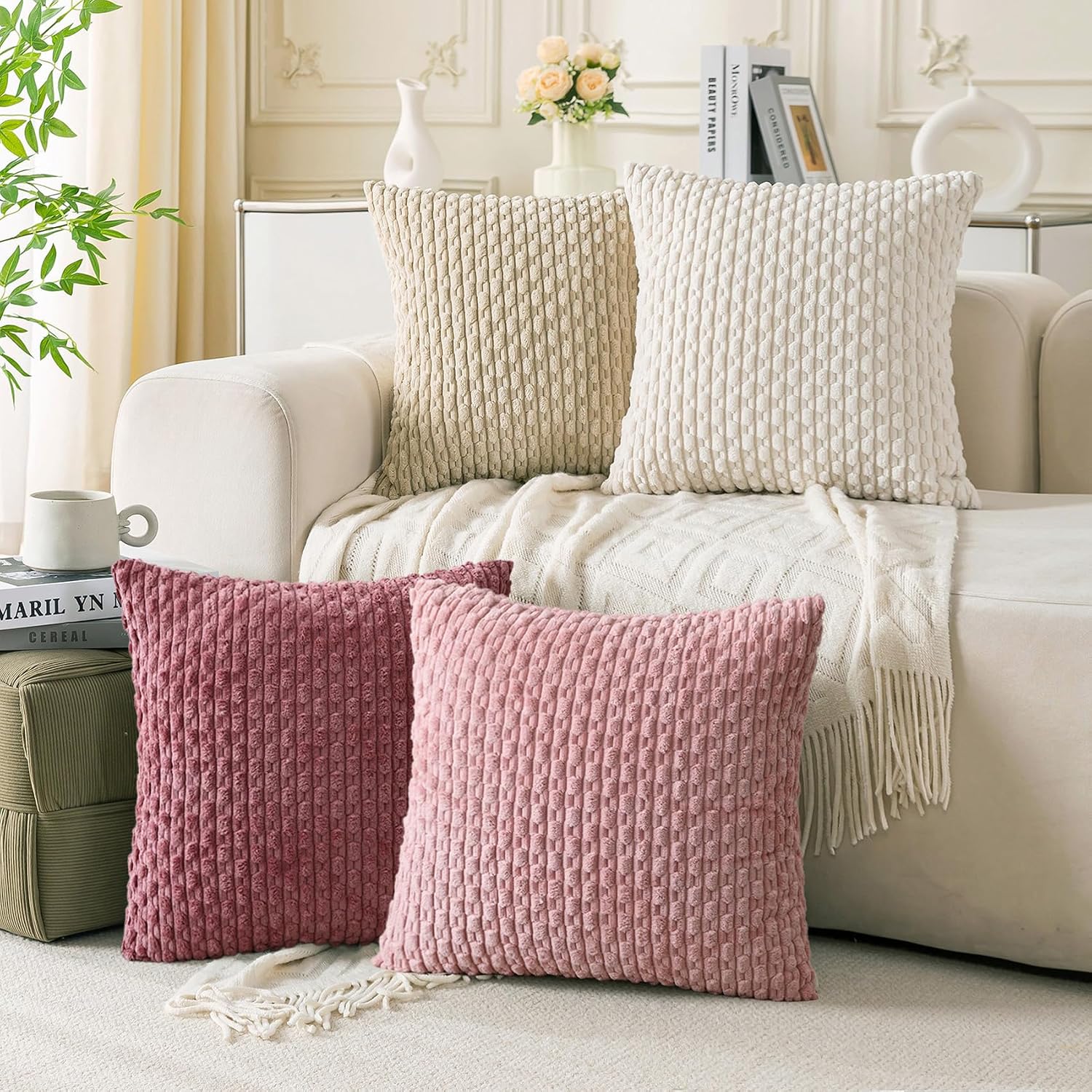 Set of 4 Neutral Decorative Throw Pillow Covers 18x18 Inch Corduroy Pillow Covers for Bed Couch Sofa Living Room Soft Square Cushion Cases