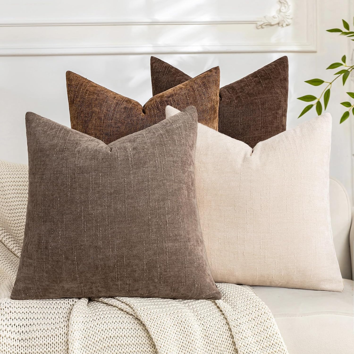 Set of 4 Soft Textured Decorative Throw Pillow Covers 26x26 Inch Cozy Farmhouse Cushion Cover Square Accent Pillow Cases for Bed Couch Sofa Living Room, Beige Taupe Brown