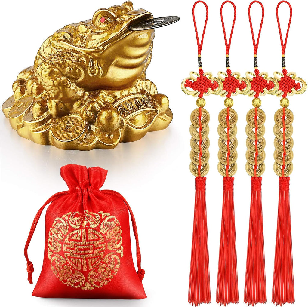Chuangdi Feng Shui Money Frog with Chinese Coins, Money Toad Decorations, Lucky Knots Red Blessing Bag Gold Three Legged Toad Decoration for Attracting Wealth Success Chinese New Year Gifts