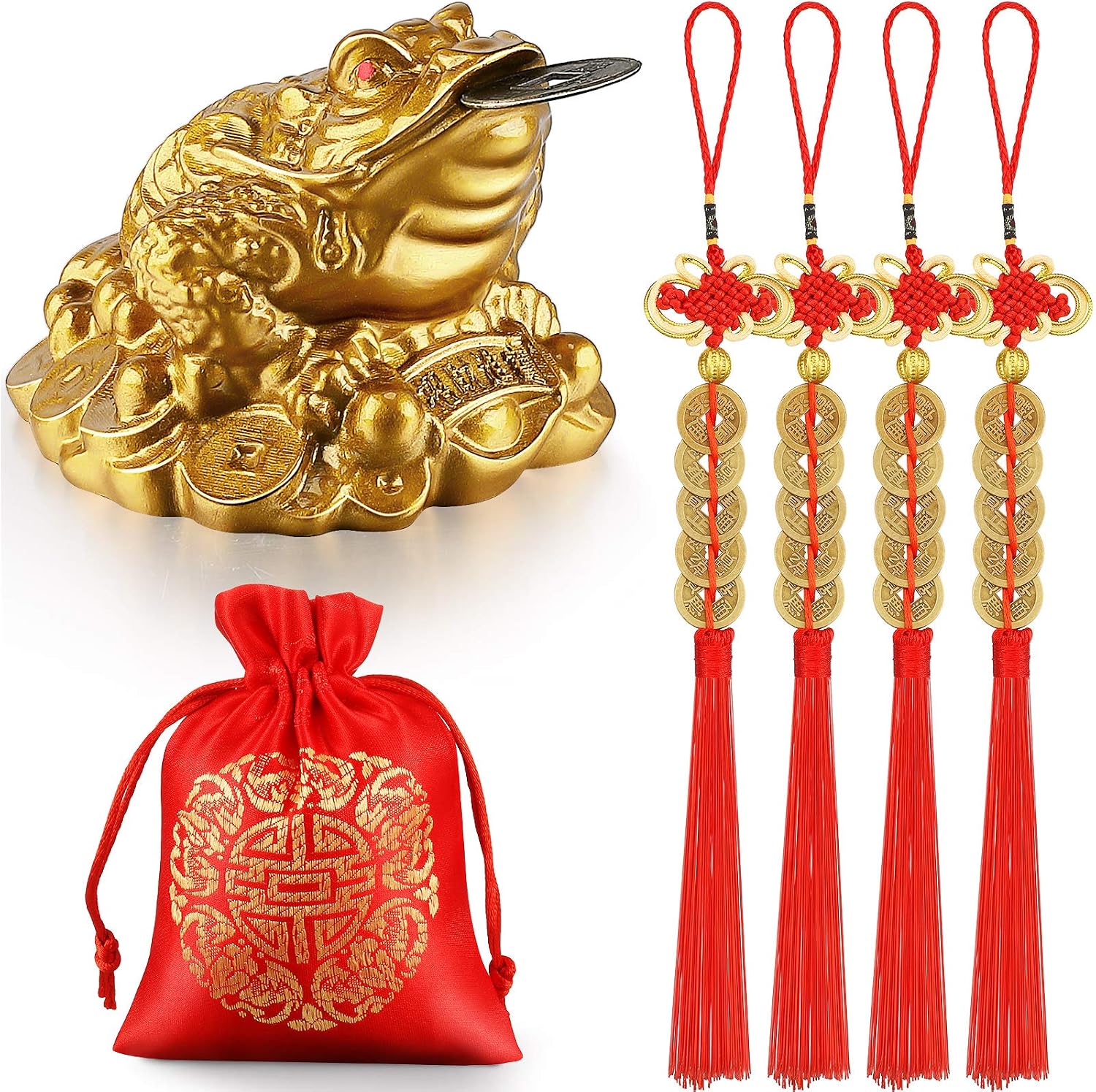 Chuangdi Feng Shui Money Frog with Chinese Coins, Money Toad Decorations, Lucky Knots Red Blessing Bag Gold Three Legged Toad Decoration for Attracting Wealth Success Chinese New Year Gifts