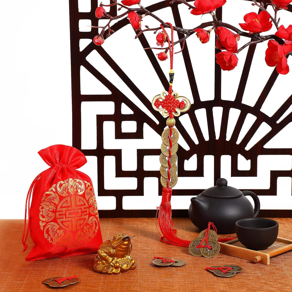 Chuangdi Feng Shui Money Frog with Chinese Coins, Money Toad Decorations, Lucky Knots Red Blessing Bag Gold Three Legged Toad Decoration for Attracting Wealth Success Chinese New Year Gifts