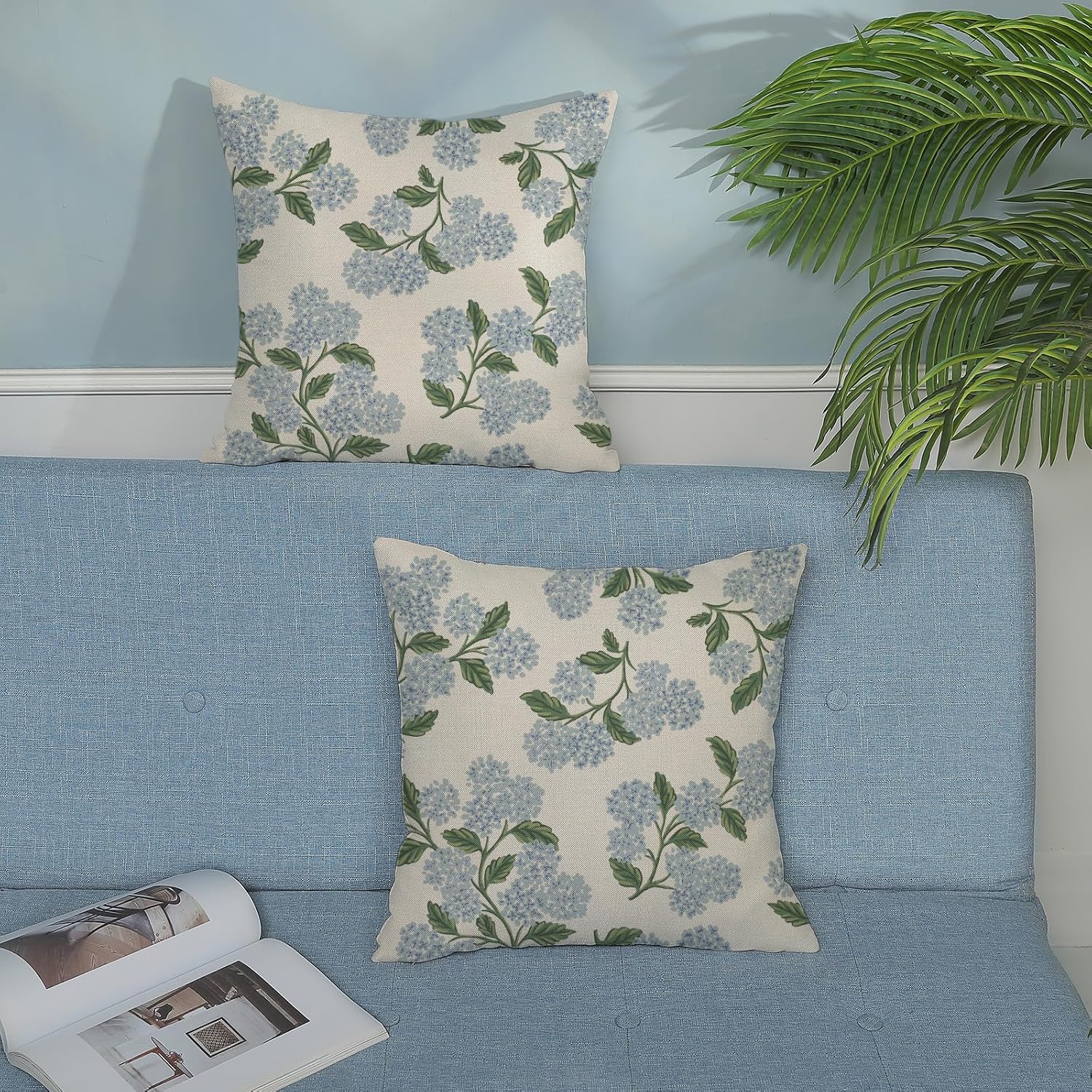 Spring Pillow Covers 18x18 Inch 2 Pcs Blue Green Hydrangea Flower Decor Throw Pillows Vintage Floral Seasonal Summer Outdoor Decoration Pillowcase Linen Cushion Cover for Couch Sofa