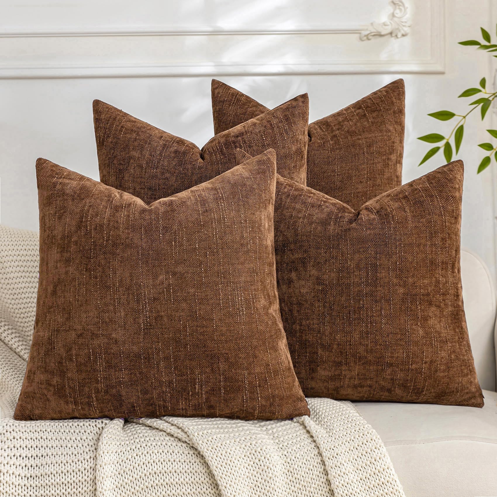 Set of 4 Soft Textured Decorative Throw Pillow Covers 26x26 Inch Cozy Farmhouse Cushion Cover Square Accent Pillow Cases for Bed Couch Sofa Living Room, Beige Taupe Brown