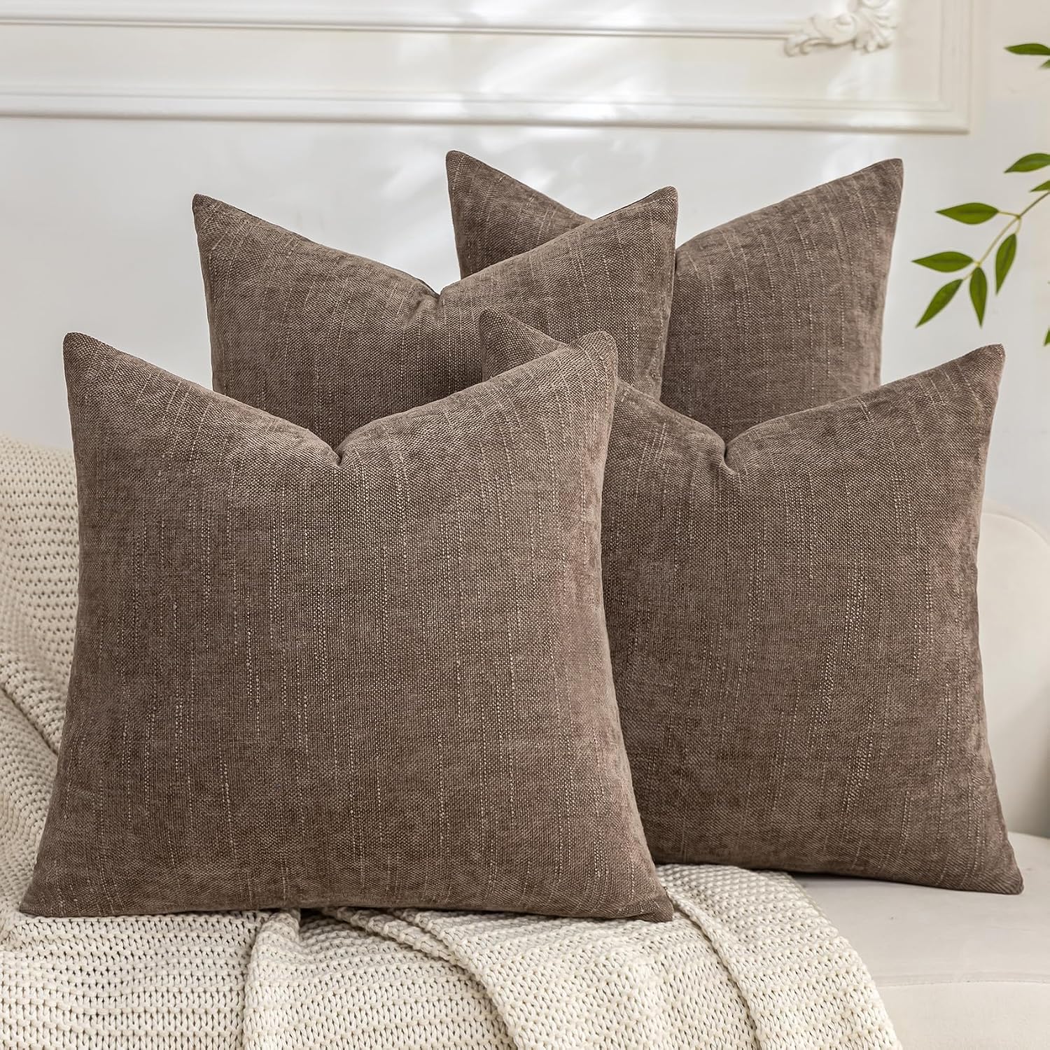 Set of 4 Soft Textured Decorative Throw Pillow Covers 26x26 Inch Cozy Farmhouse Cushion Cover Square Accent Pillow Cases for Bed Couch Sofa Living Room, Beige Taupe Brown