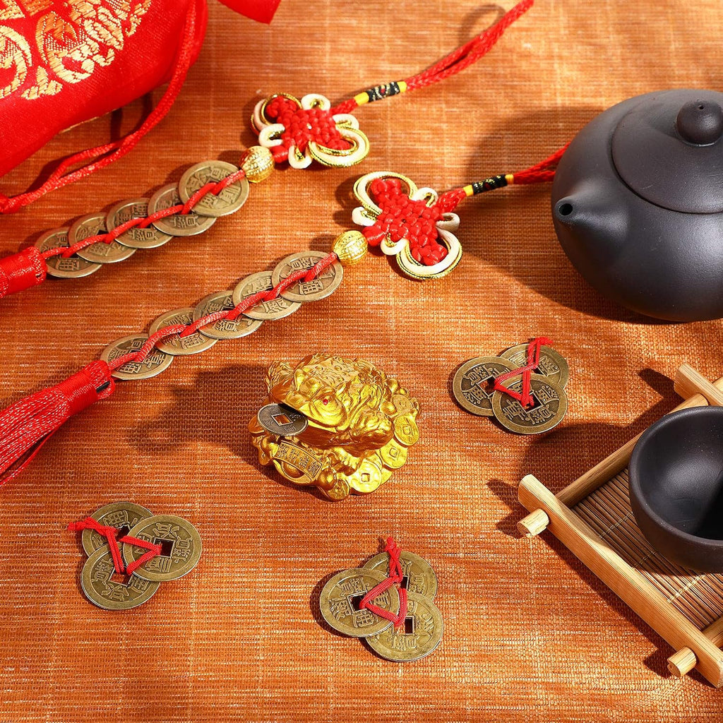 Chuangdi Feng Shui Money Frog with Chinese Coins, Money Toad Decorations, Lucky Knots Red Blessing Bag Gold Three Legged Toad Decoration for Attracting Wealth Success Chinese New Year Gifts