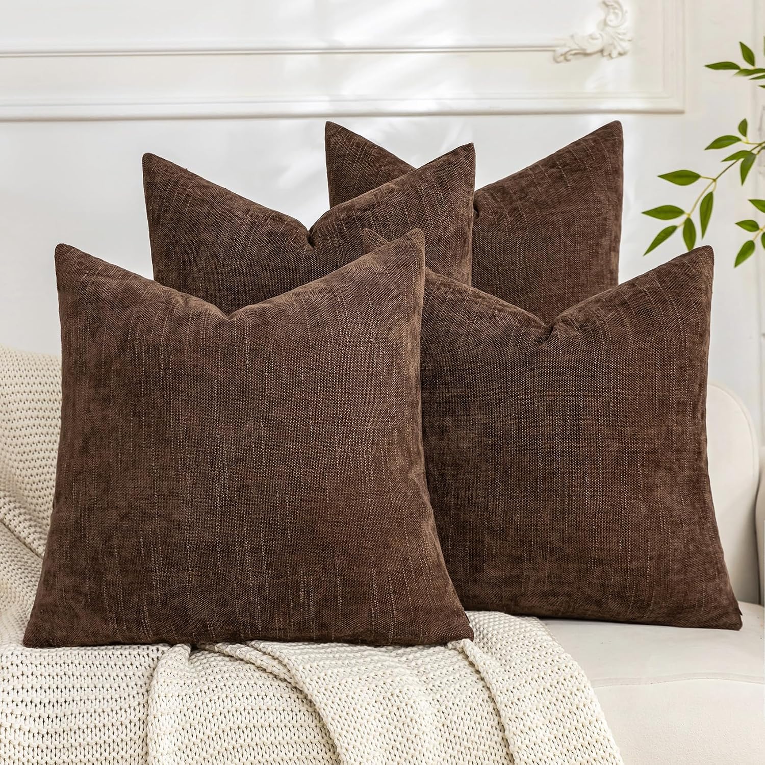 Set of 4 Soft Textured Decorative Throw Pillow Covers 26x26 Inch Cozy Farmhouse Cushion Cover Square Accent Pillow Cases for Bed Couch Sofa Living Room, Beige Taupe Brown