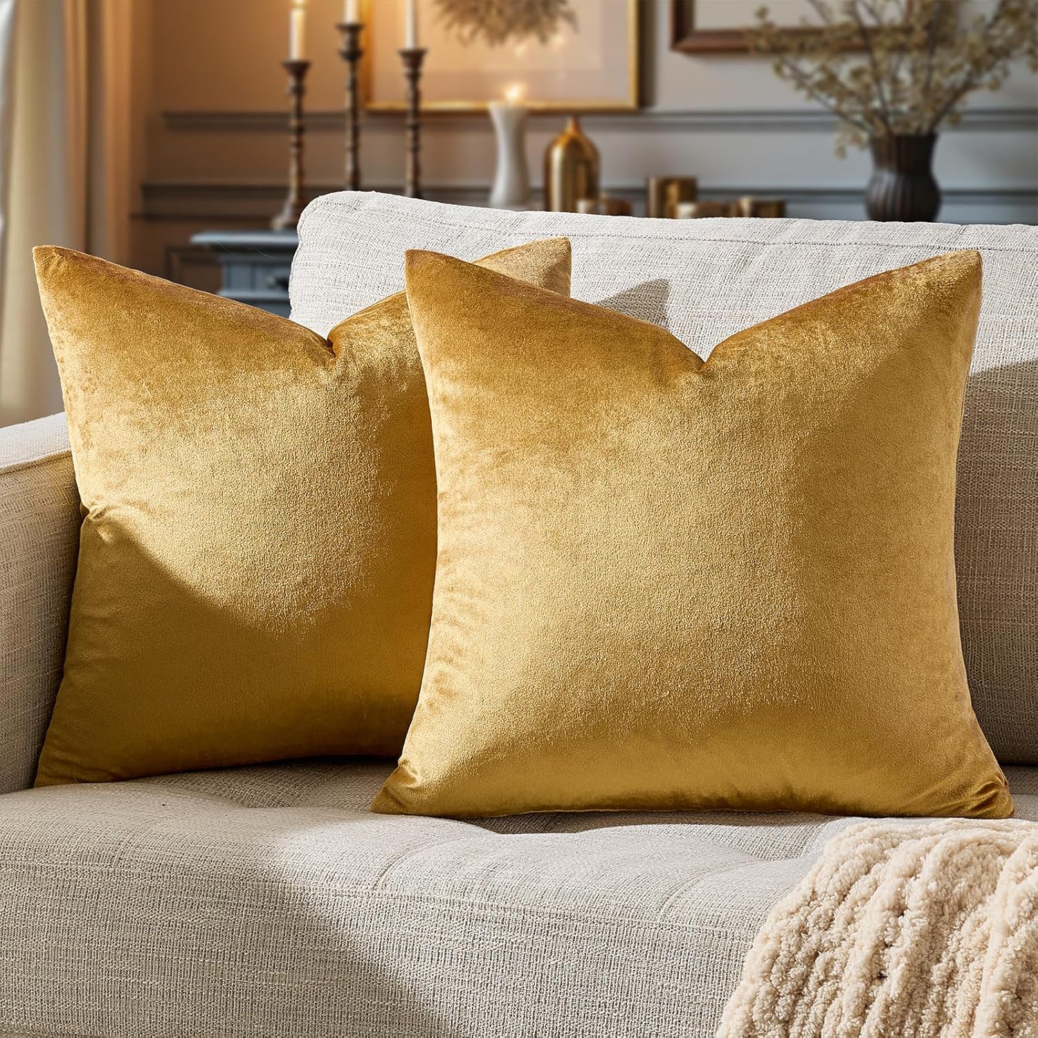 Golden Velvet Decorative Throw Pillow Covers,18x18 Pillow Covers for Couch Sofa Bed 4 Pack Soft Cushion Covers,