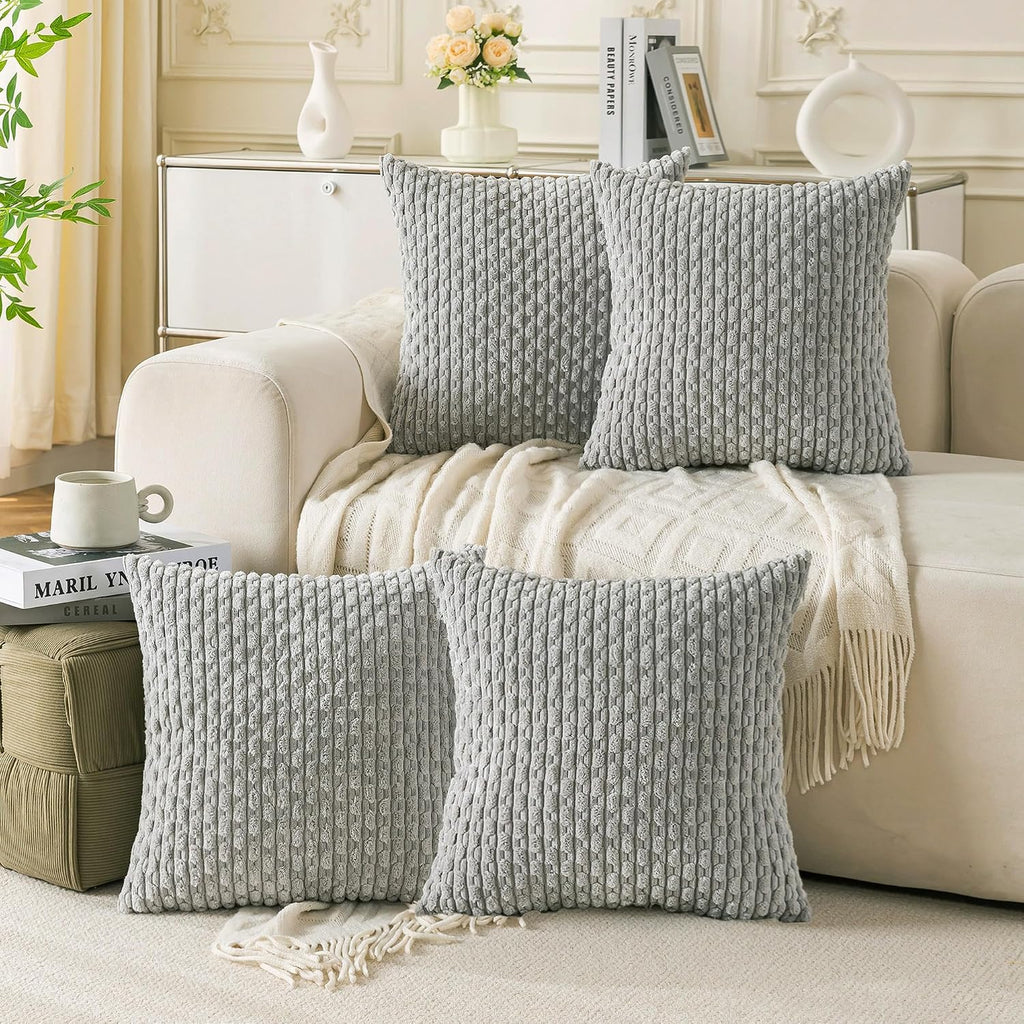 Set of 4 Neutral Decorative Throw Pillow Covers 18x18 Inch Corduroy Pillow Covers for Bed Couch Sofa Living Room Soft Square Cushion Cases