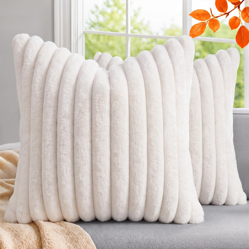 Pack of 2 Throw Pillow Covers 18x18 Decorative Solid Plush Faux Fur with Soft Velvet Back, Square Striped Cushion Cases Modern Farmhouse Home Decor for Living Room Couch Sofa Bed Cream White