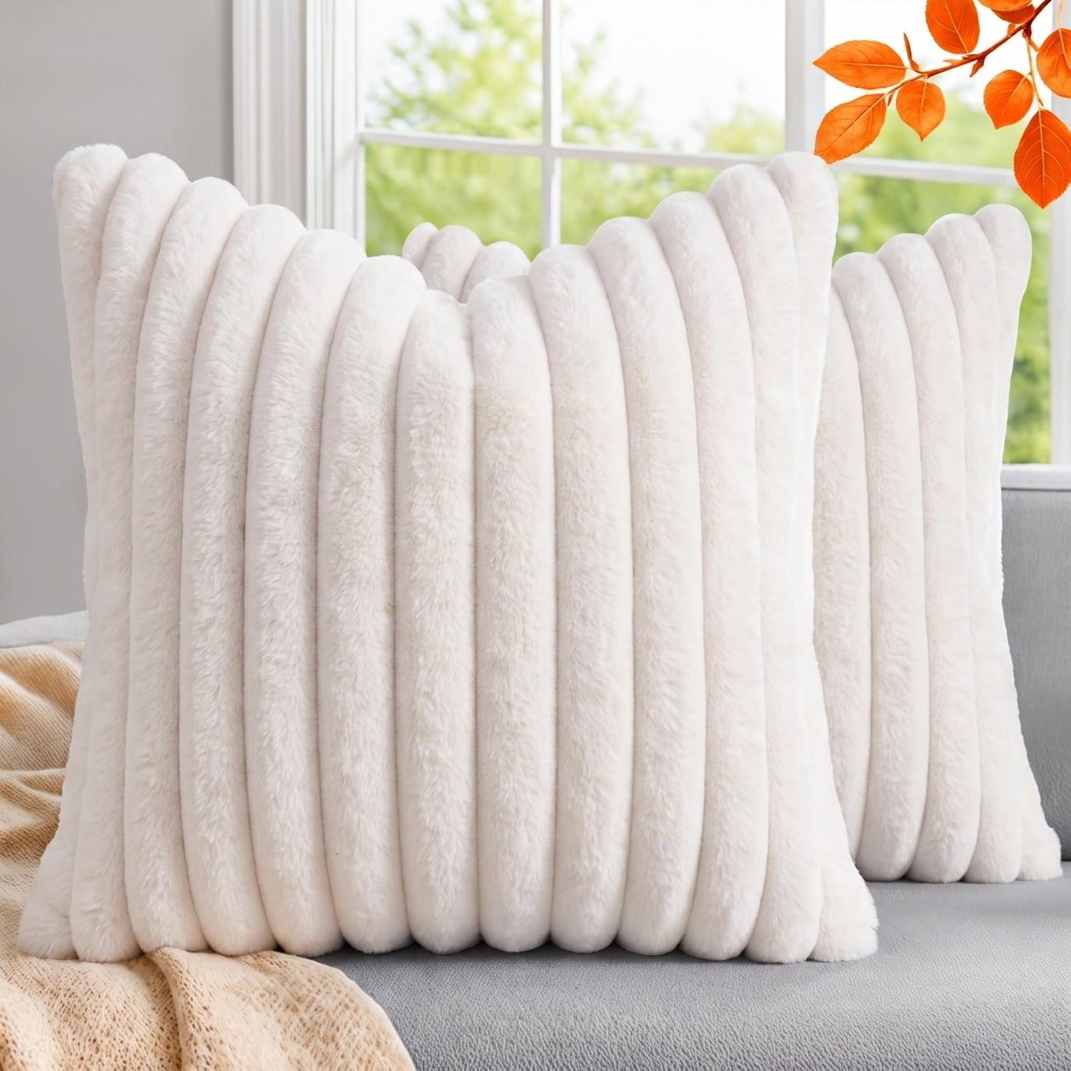Pack of 2 Throw Pillow Covers 18x18 Decorative Solid Plush Faux Fur with Soft Velvet Back, Square Striped Cushion Cases Modern Farmhouse Home Decor for Living Room Couch Sofa Bed Cream White