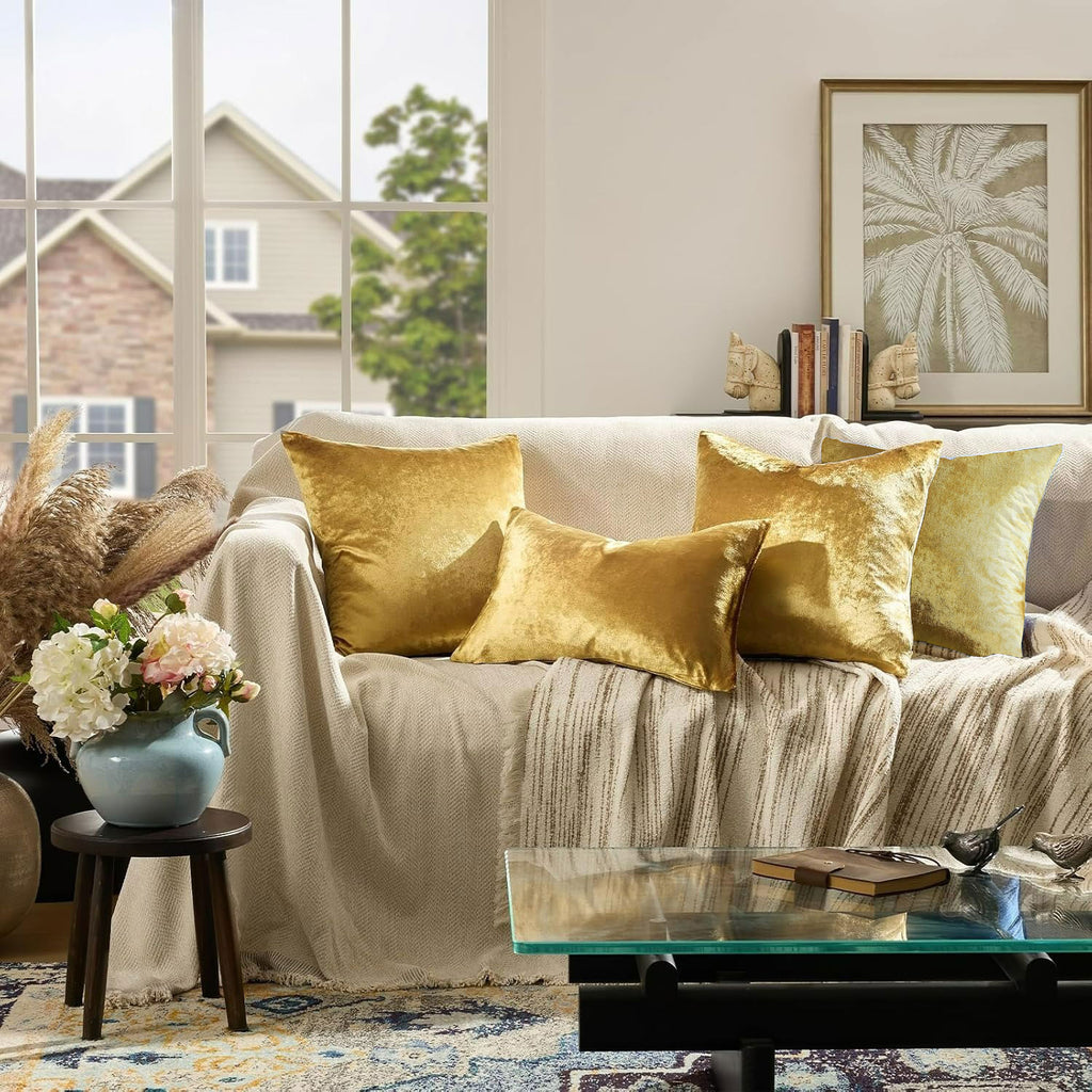 Golden Velvet Decorative Throw Pillow Covers,18x18 Pillow Covers for Couch Sofa Bed 4 Pack Soft Cushion Covers,